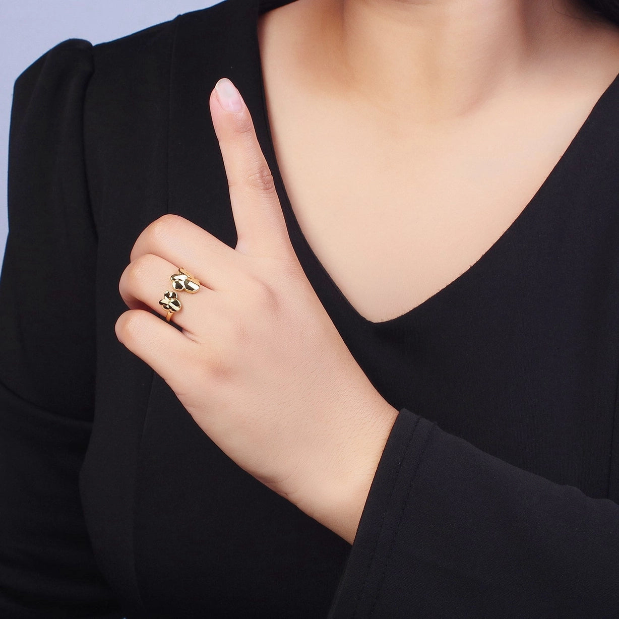 Double Bowed Mouse Open Adjustable Gold Minimalist Ring
