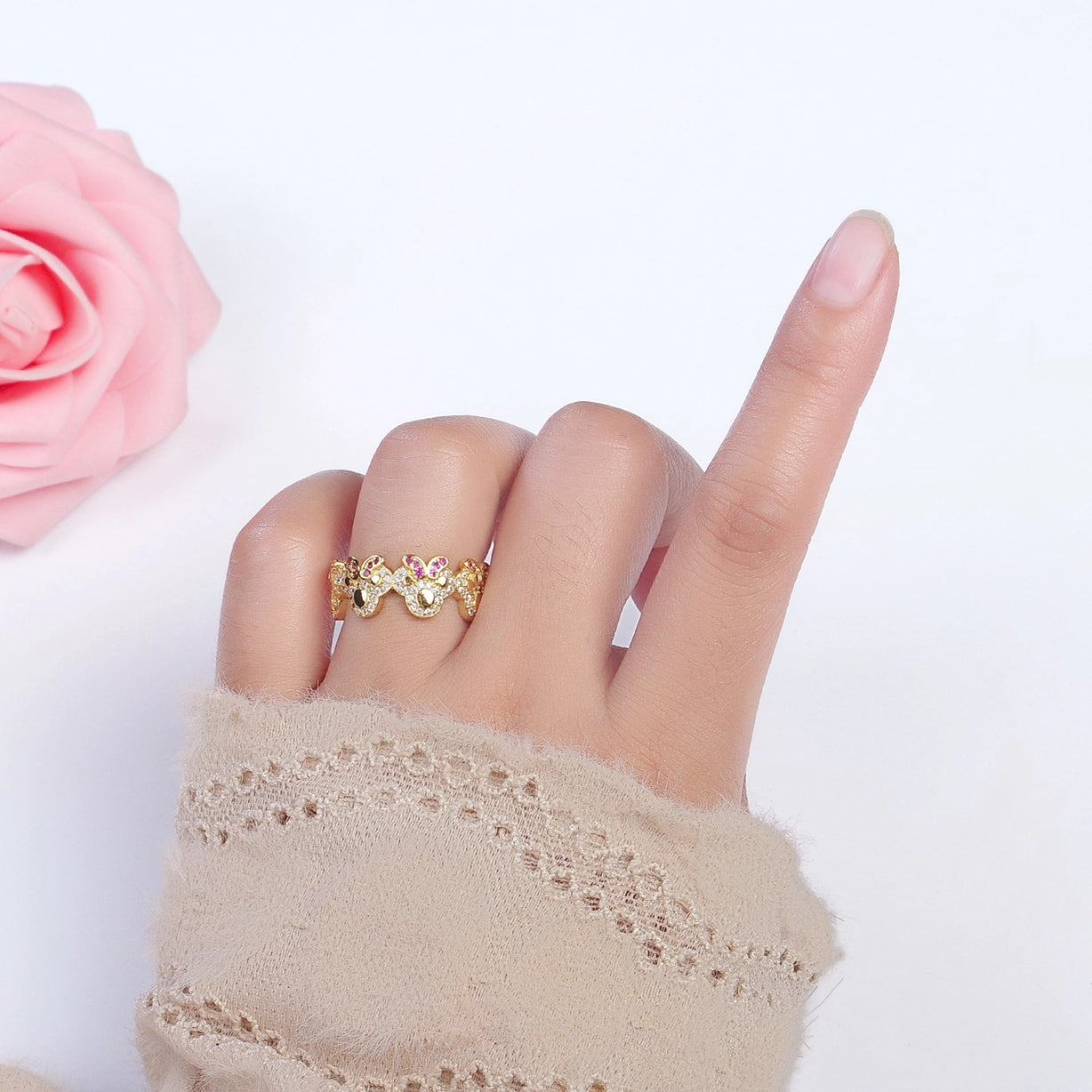 Dainty Bowed Mouse Adjustable Ring Micro Pave Gold