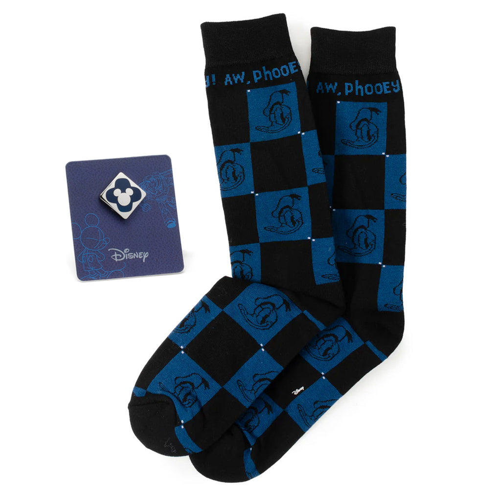 Disney Donald Duck Black Dress Socks & Blue Mickey Mouse Lapel Pin Gift Set