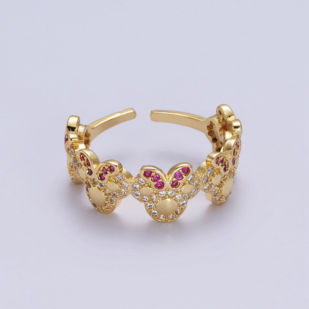 Dainty Bowed Mouse Adjustable Ring Micro Pave Gold