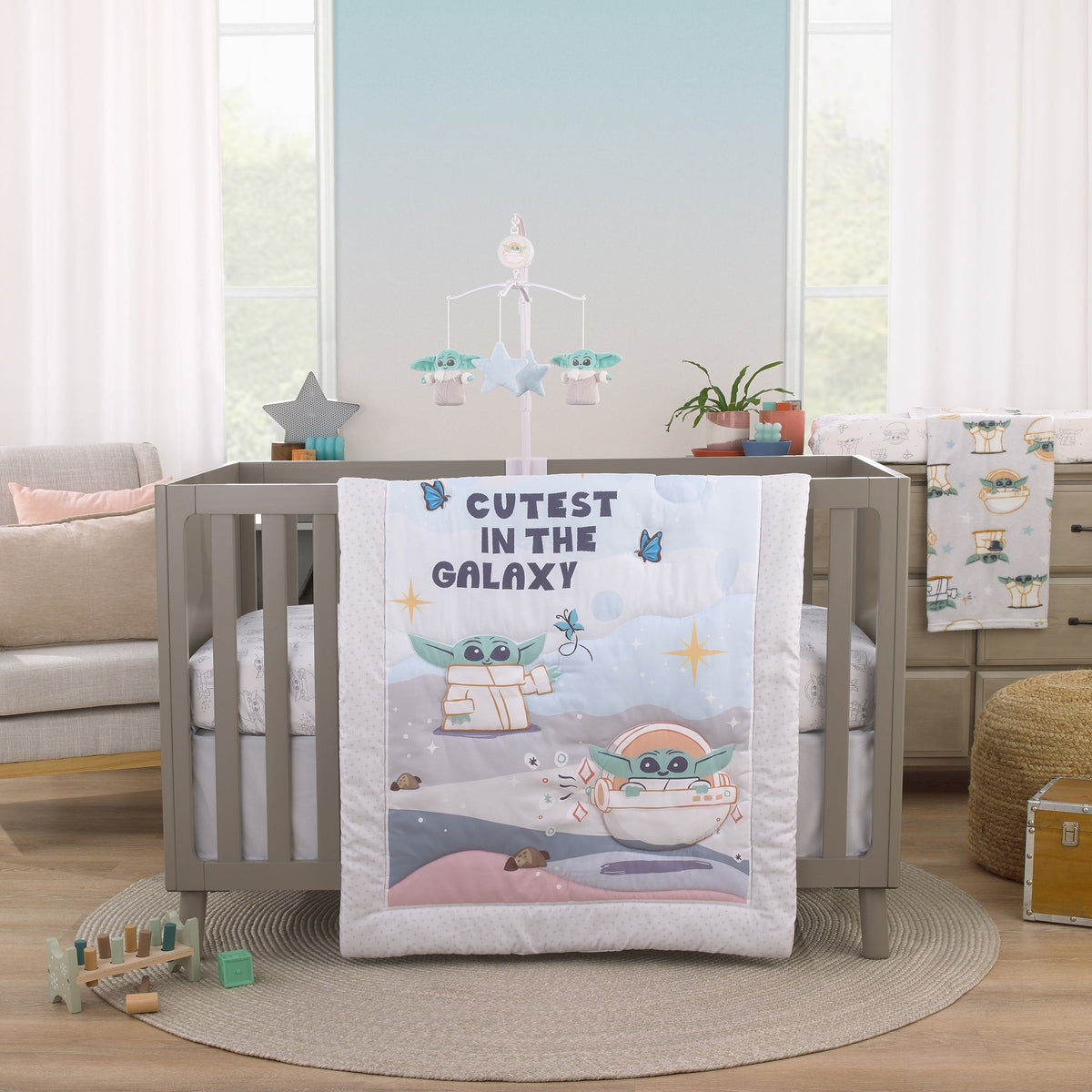 Grogu Cutest in the Galaxy Cream, Green, and White Super Soft Baby Blanket