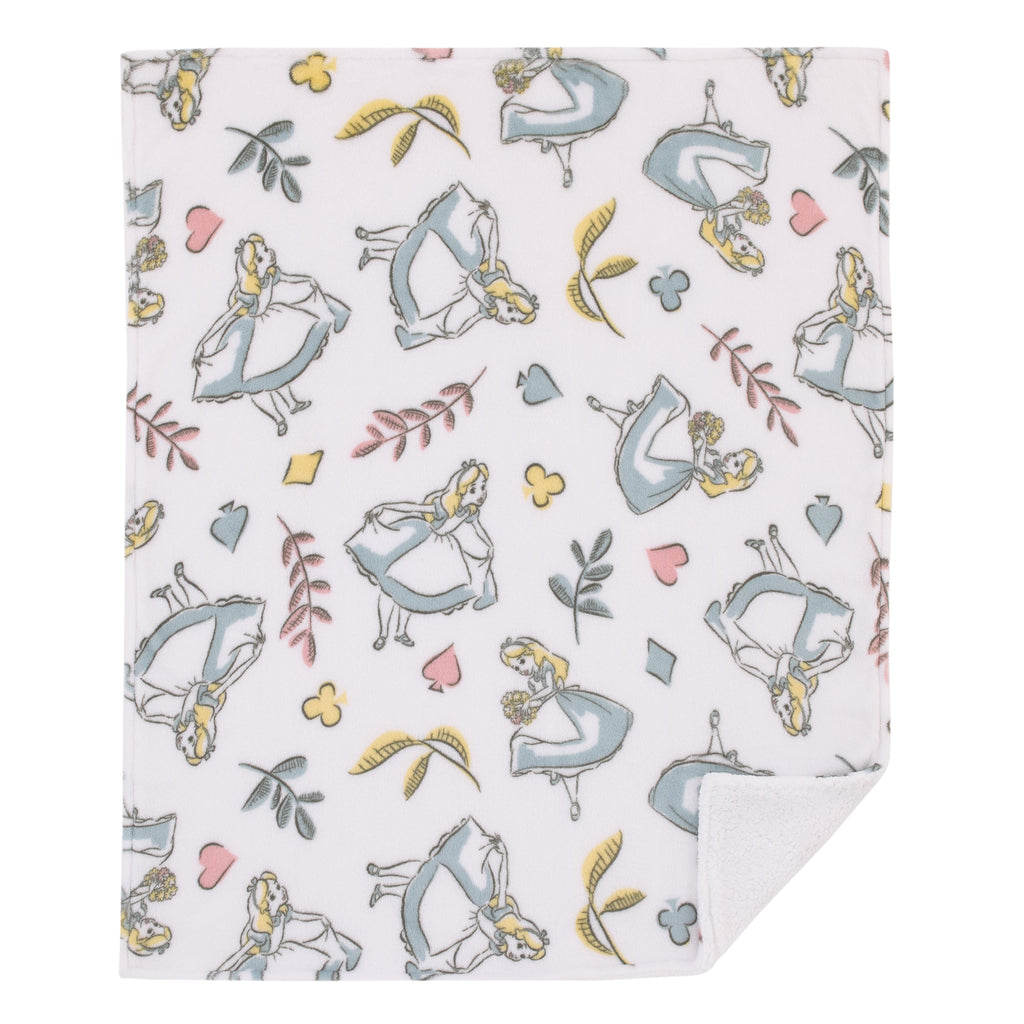 Disney Alice in Wonderland Light Blue, Pink, Yellow, and White Super Soft Plush Sherpa Baby Blanket