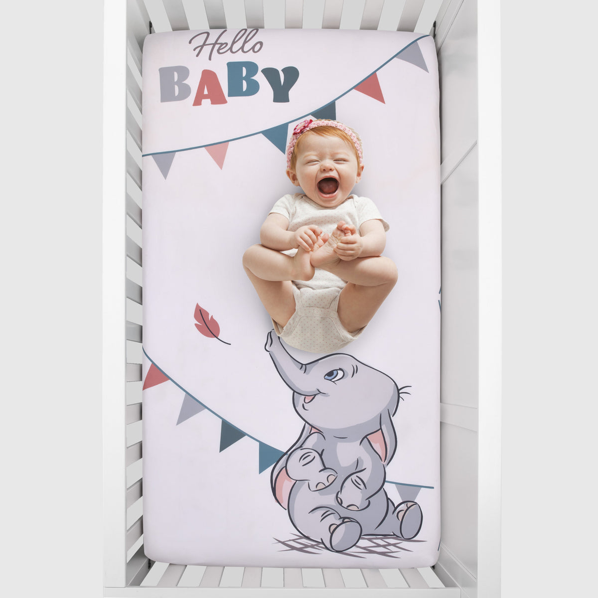 Disney Dumbo Gray, Teal, and White "Hello Baby" Nursery Photo Op Fitted Crib Sheet