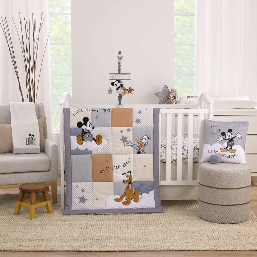 Mickey Mouse Love Mickey Gray, White, and Tan I Love You More Than All The Stars Above Photo Op 100% Cotton Fitted Crib Sheet