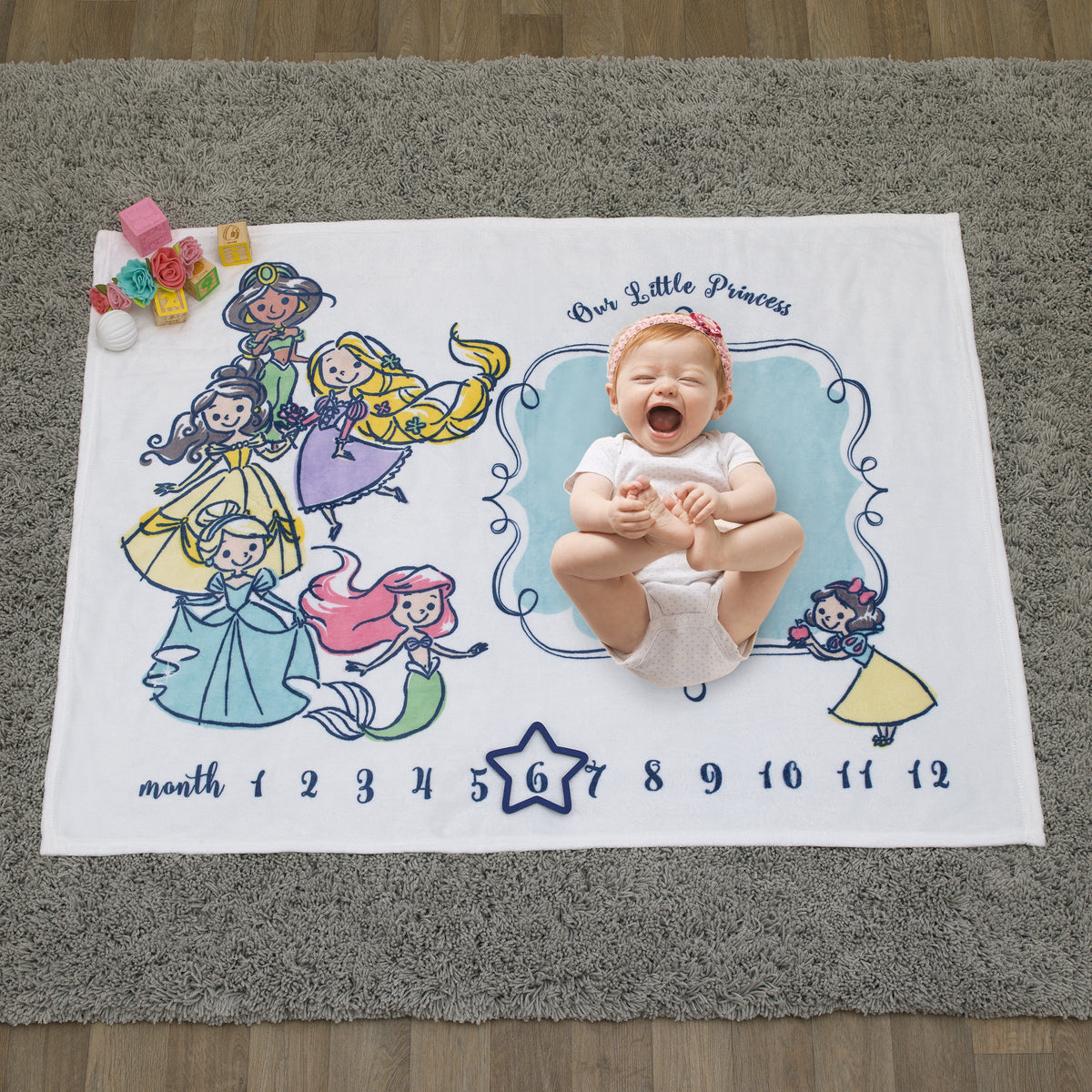 Disney Princess White, Pink, Yellow and Aqua Super Soft Milestone Baby Blanket