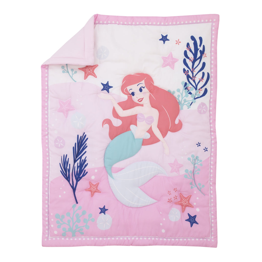 The Little Mermaid Pink, Aqua, and Coral Ariel Cute by Nature 4 Piece Nursery Crib Bedding Set - Comforter, Fitted Crib Sheet, Changing Pad Cover, and Crib Skirt