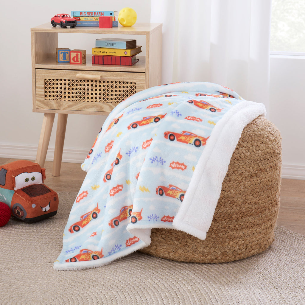 NoJo Disney Cars Lightning McQueen Super Soft Sherpa Baby Blanket - Red, Light Blue
