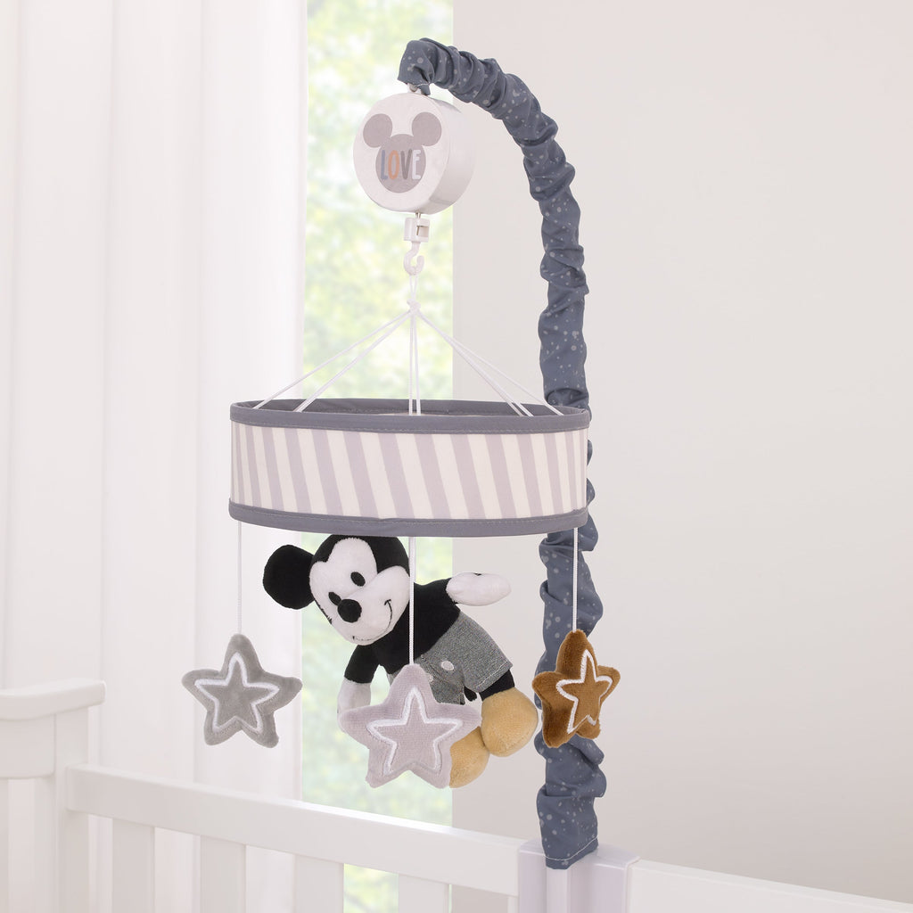 Mickey Mouse Love Mickey Gray, Black, and Tan Plush Mickey Mouse and Stars Musical Mobile